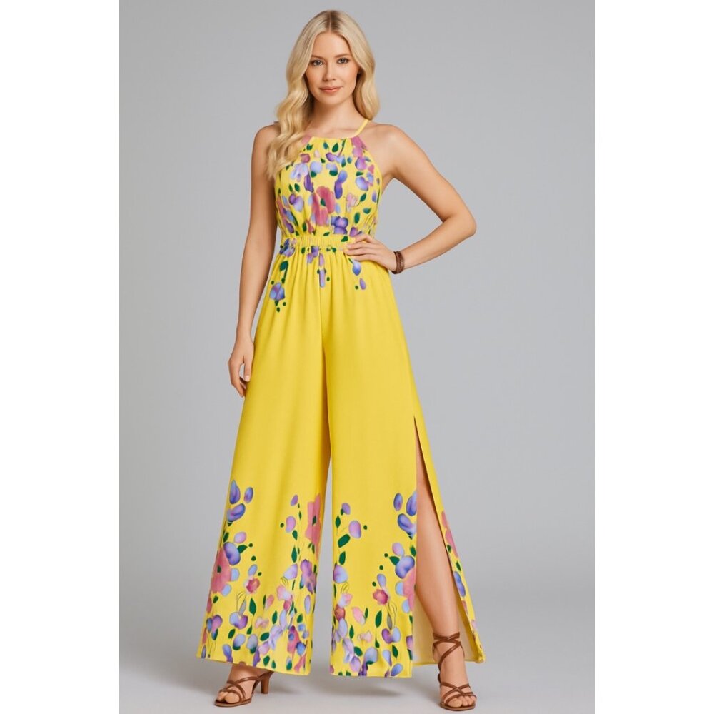 Boho Split Sides Floral Wide Leg Jumpsuit Yellow - Picture 2 of 4